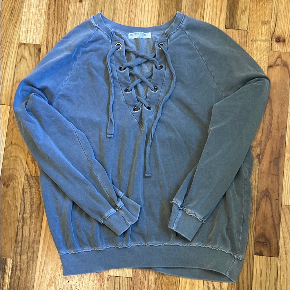 Project Social T Gray V-Neck Sweater with Ribbed Cuffs
